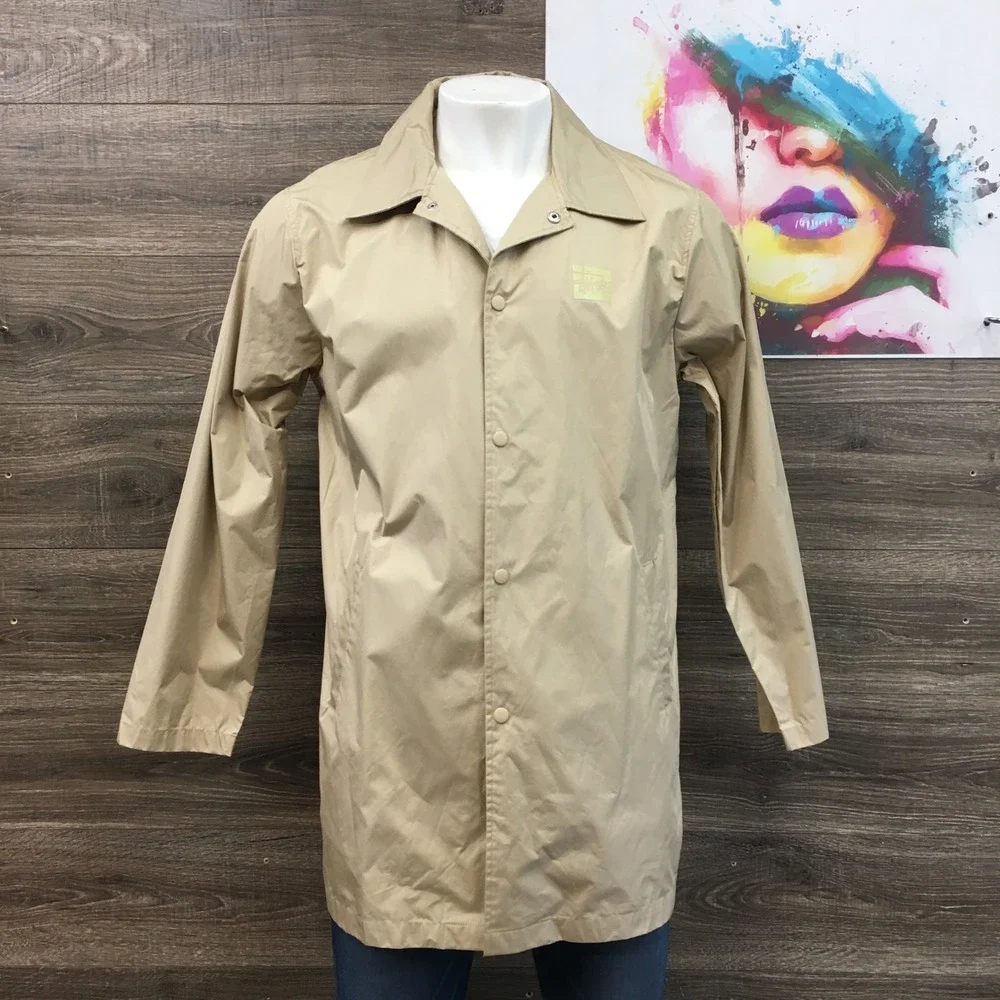 Stussy Mens Rain Long Coat Coach Jacket‎ Size L Snap Logo Lightweight Outerwear